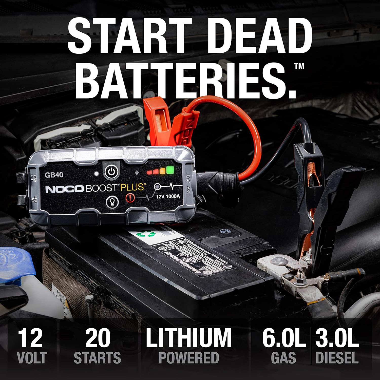 NOCO Boost GB40: 1000A UltraSafe Jump Starter ‰ÛÒ 12V Lithium Battery Booster Pack, Portable Jump Box, Power Bank & Jumper Cables - for 6.0L Gas and 3.0L Diesel Engines