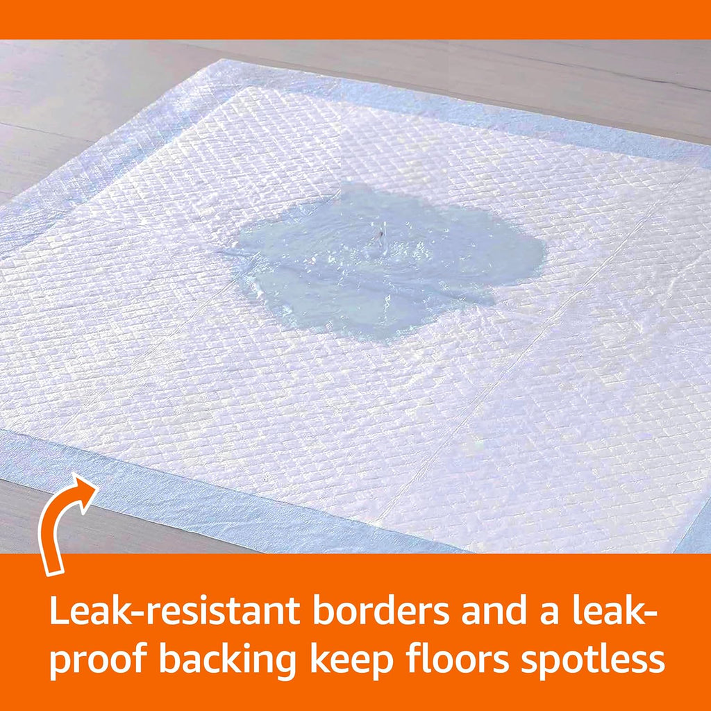 Amazon Basics Leak-Proof Dog and Puppy Potty Training Pee Pads with Quick-Dry 5-Layer Super Absorbent Design, Regular Size 22 x 22 inch, Blue & White, 100 Count