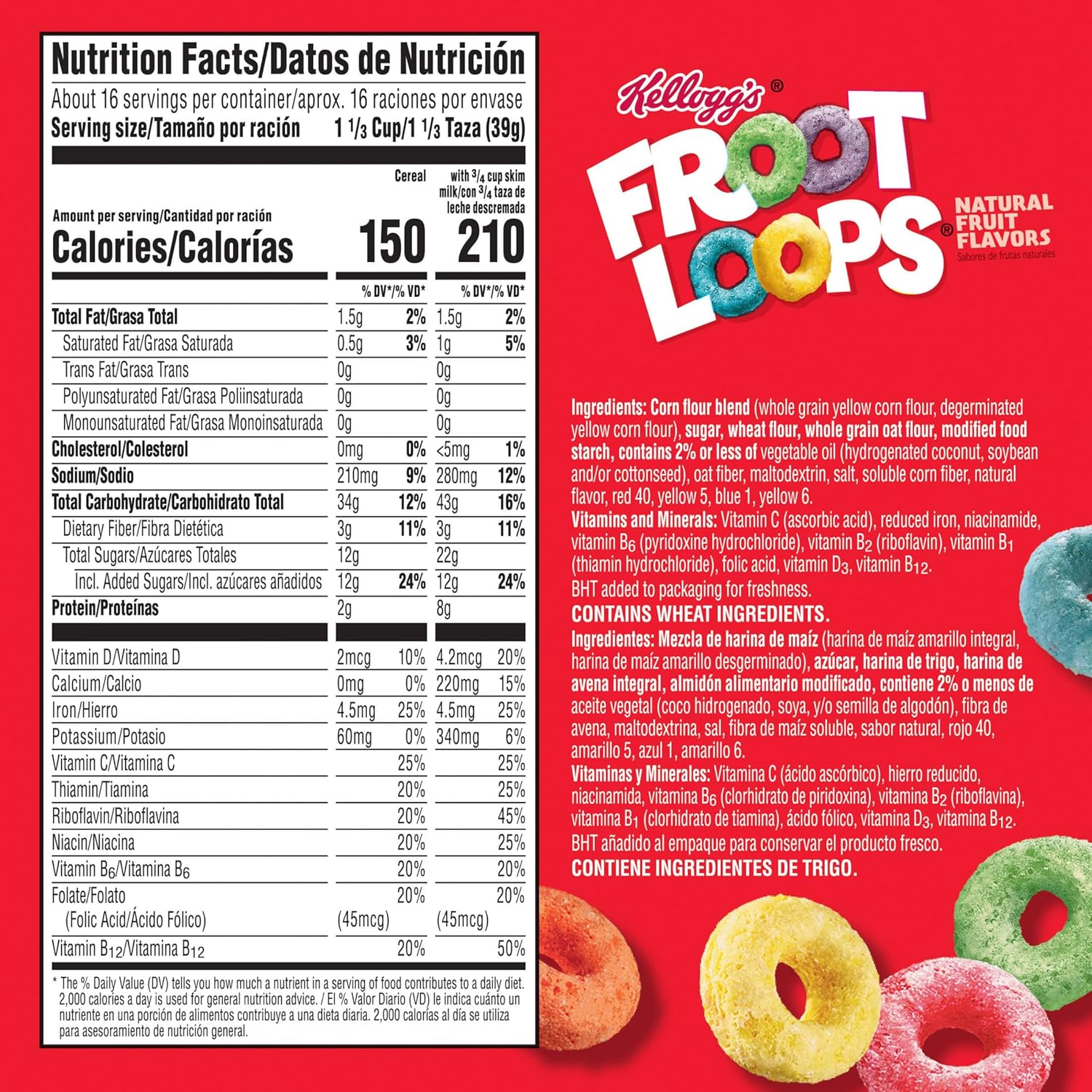 Kellogg's Froot Loops Breakfast Cereal, Good Source of Fiber, 15g Whole
