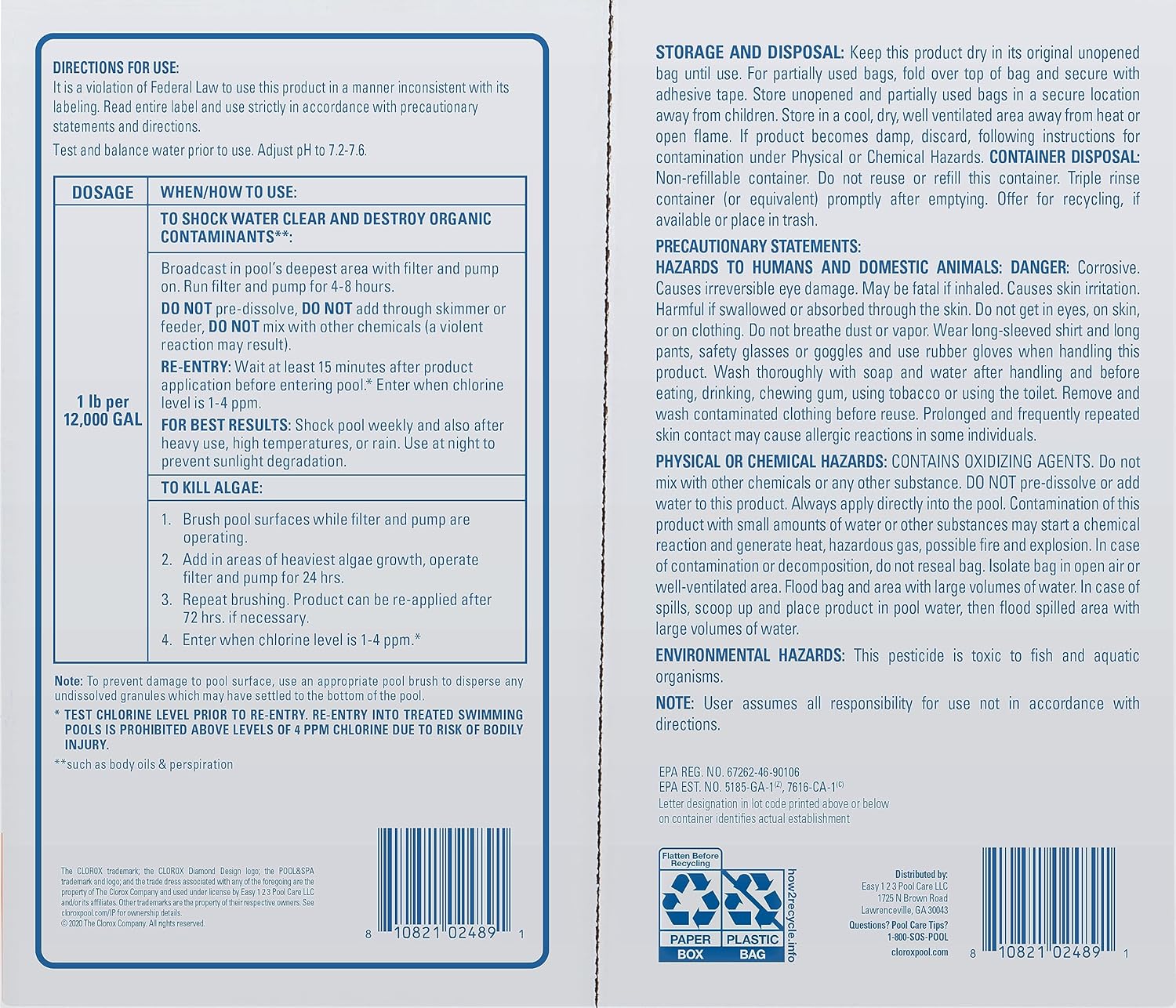 Cloroxå¨ Pool&Spa‰ã¢ Shock XTRABLUEå¨ Plus, Kills Bacteria & Algae in Swimming Pools, Swim-Ready in 15 Minutes, (12-Pack), Granular
