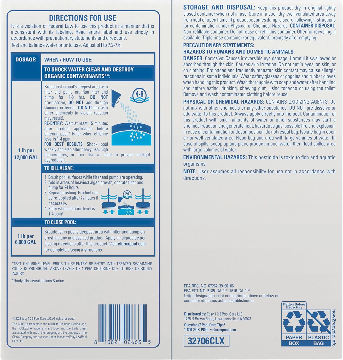 Cloroxå¨ Pool&Spa‰ã¢ Shock Clear, for Crystal Clear Swimming Pool Water, Swim-ready in 15 minutes, Suitable for vinyl pools (6-Pack)