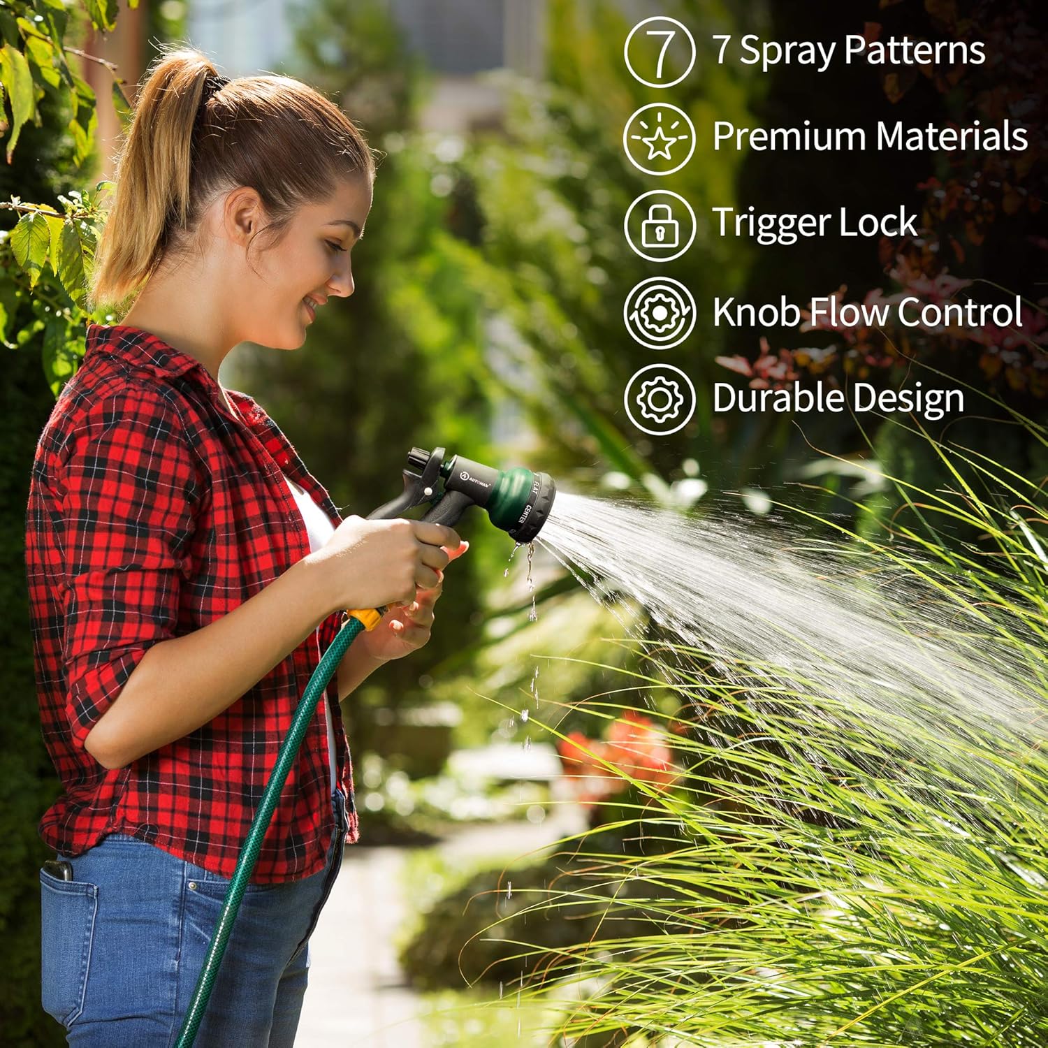 AUTOMAN-Garden-Hose-Nozzle, ABS Water Spray Nozzle with 7 Adjustable Watering