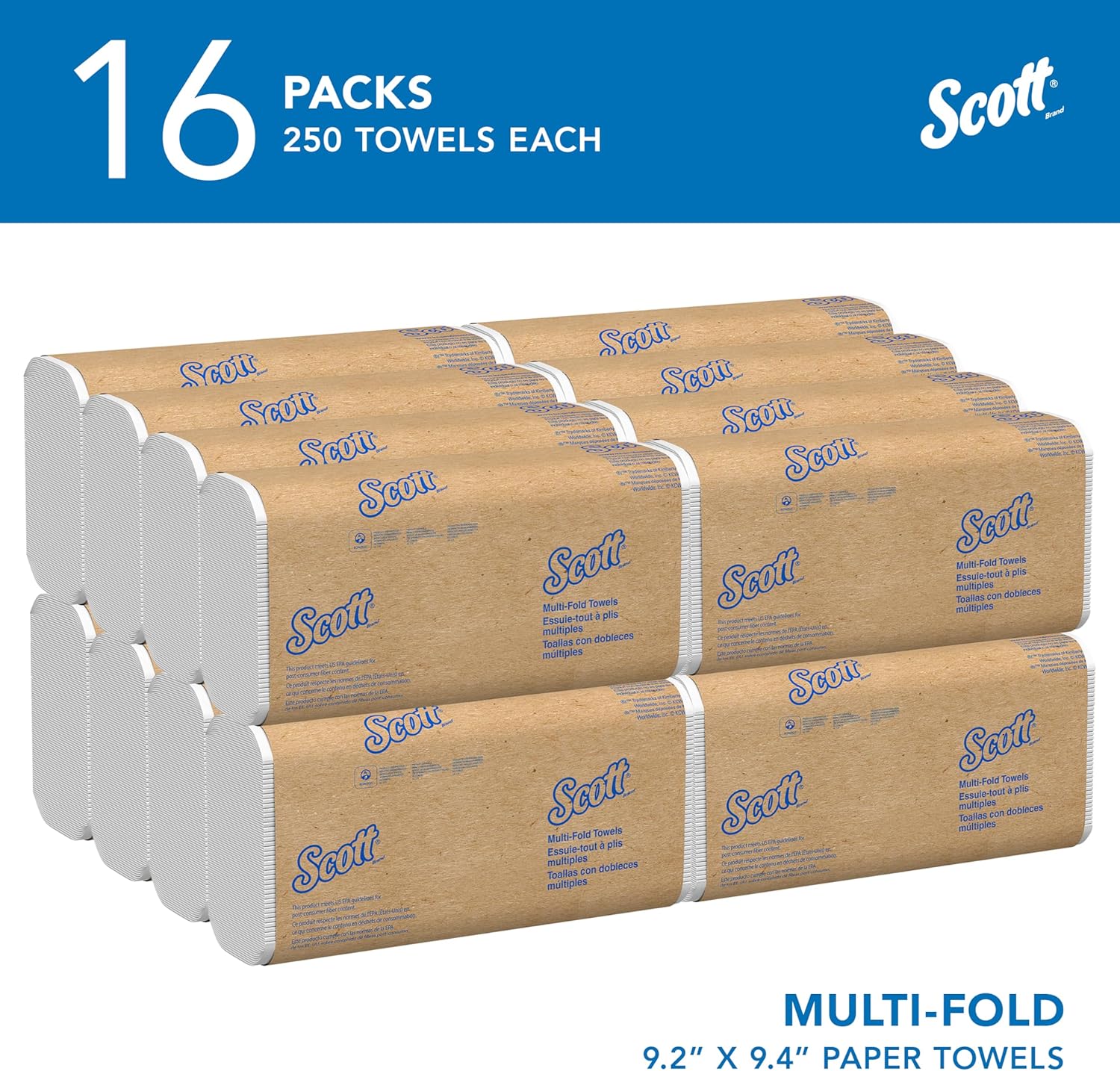 Scottå¨ Professional Universal Multifold Paper Towels, Bulk (01840), Absorbency Pockets, 9.2" x 9.4" sheets, Standard Tier, Compressed, White (250 Sheets/Pack, 16 Packs/Case, 4,000 Sheets/Case)