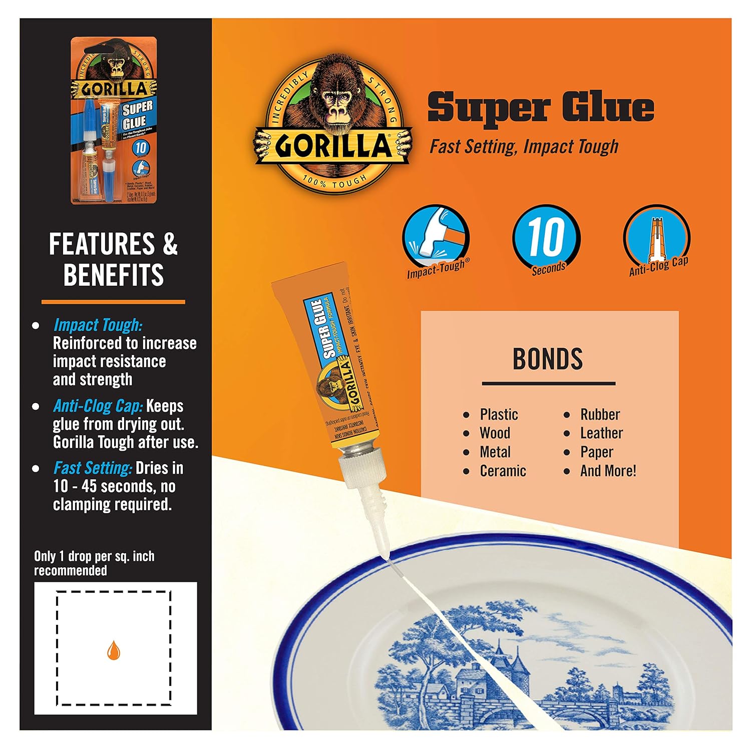 Gorilla Super Glue, Fast‰ÛÔSetting, Impact‰ÛÔTough All‰ÛÔPurpose Adhesive with Anti-Clog Cap, 4 -3 g Tubes, (Pack of 1) - Clear