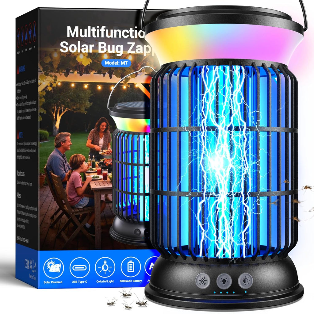 Solar Bug Zapper Outdoor, Mosquito Zapper with Rechargeable Bug Zapper Design, Solar & USB Charging, 6000mah Battery, Auto on Off Sensor, Waterproof for Patio Backyard Garden Camping